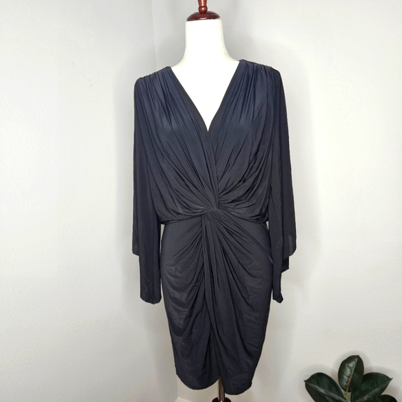 MISA Los Angeles Size Large V neck draped knot front bell sleeve black New 086 - Picture 2 of 7
